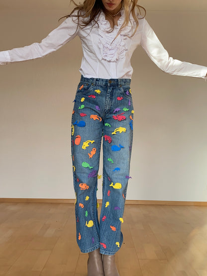 2000er denim Jeans here & there mit bunten 3D-Applikationen, S