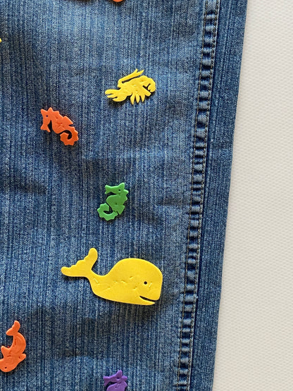 2000er denim Jeans here & there mit bunten 3D-Applikationen, S