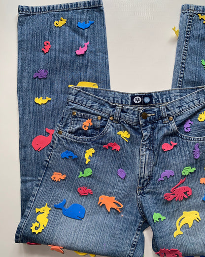 2000er denim Jeans here & there mit bunten 3D-Applikationen, S