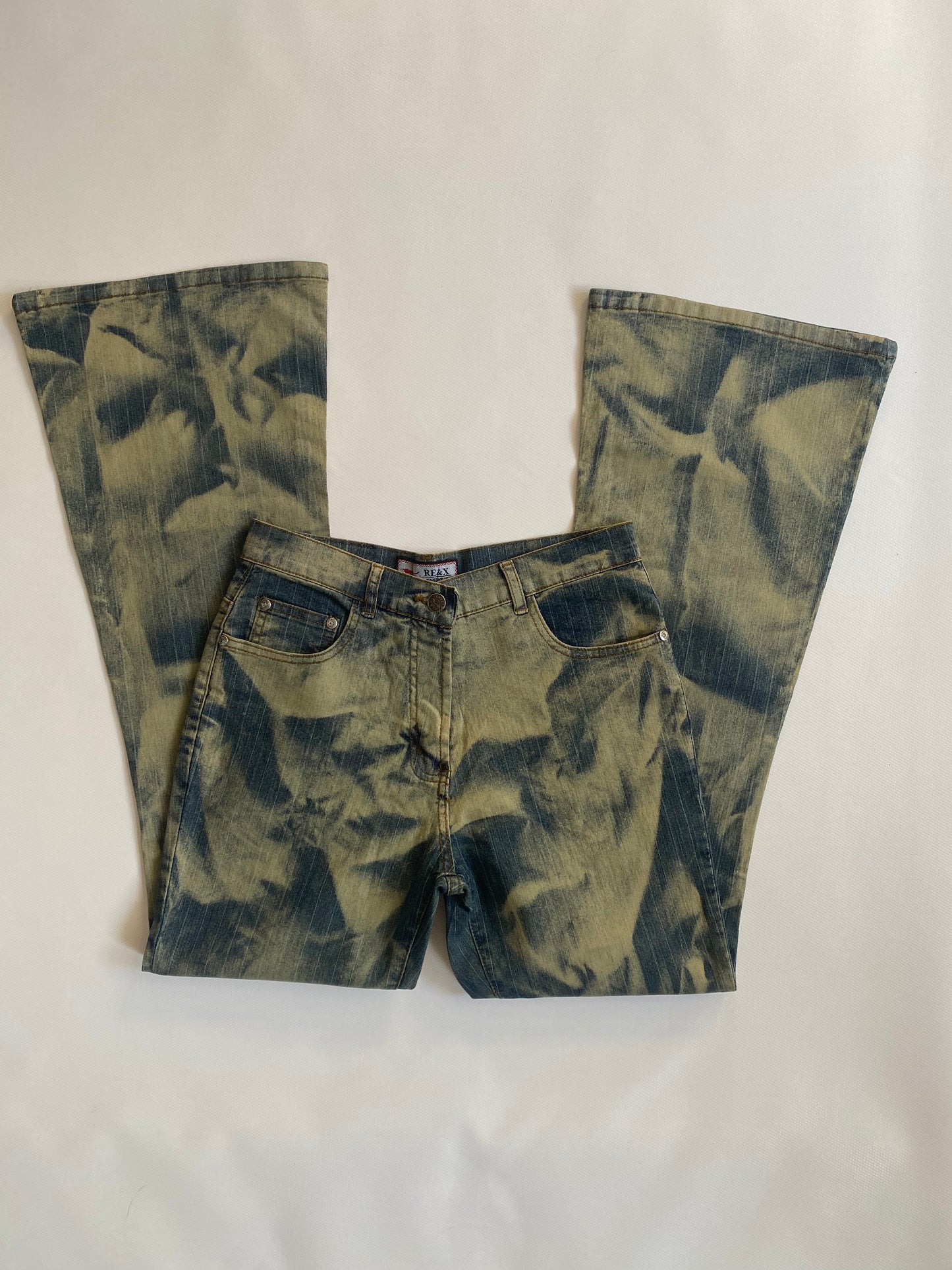 y2k Batik Acid-Wash-Jeanshose, flared, denim gelb, S