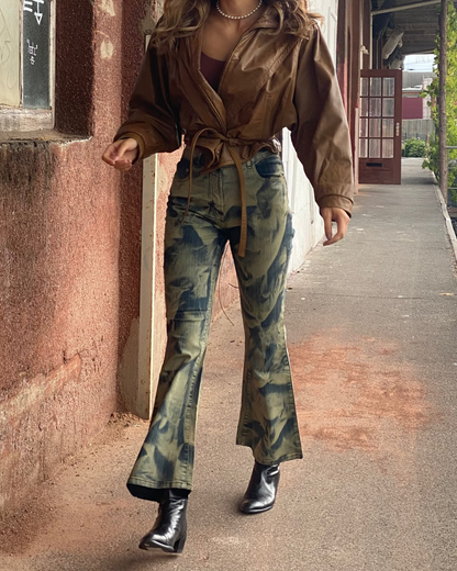 y2k Batik Acid-Wash-Jeanshose, flared, denim gelb, S