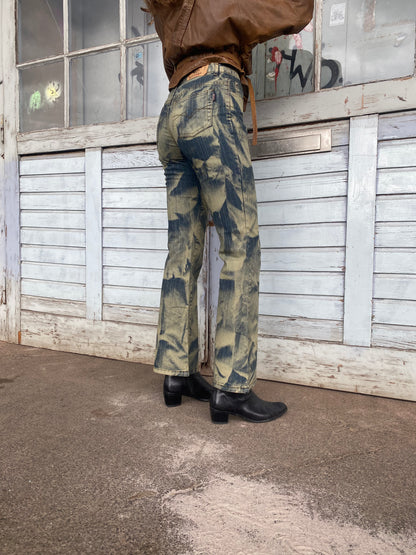 y2k Batik Acid-Wash-Jeanshose, flared, denim gelb, S