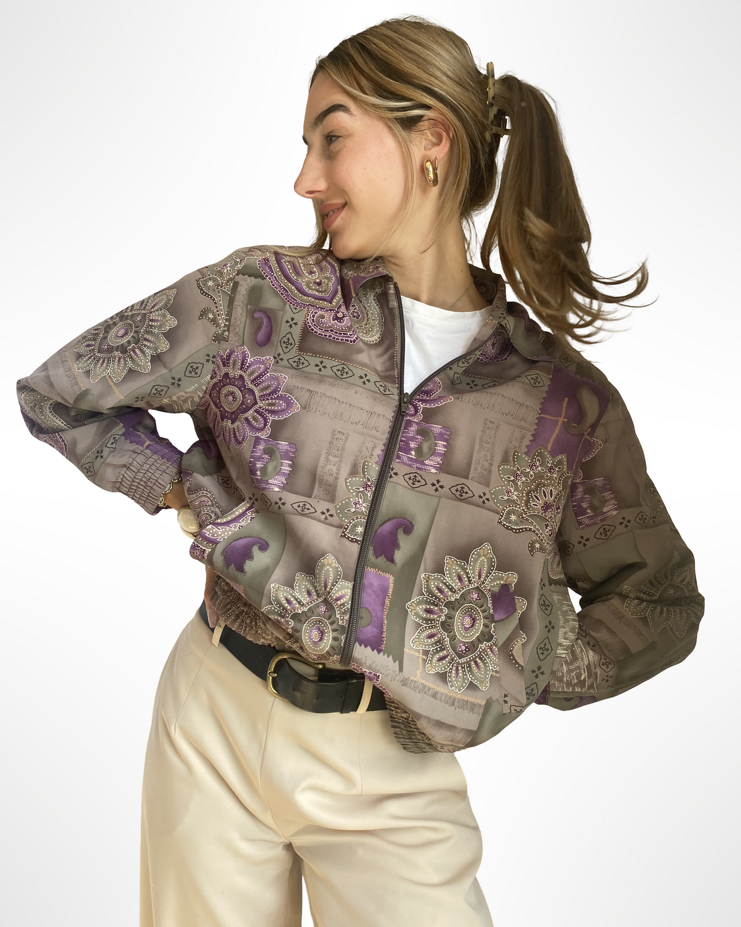 Rare Vintage Blouson Jacke, Alia, Paisley Muster in lila-khaki, S