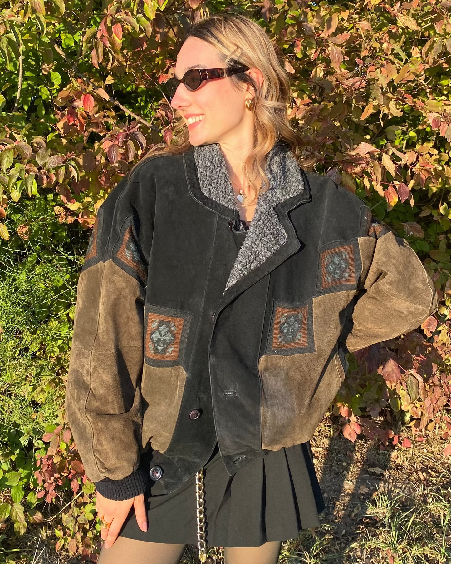 Aztec Navajo Suede Sherpa Wildleder Jacke mit Aztekenmuster, Vintage, S,M,L