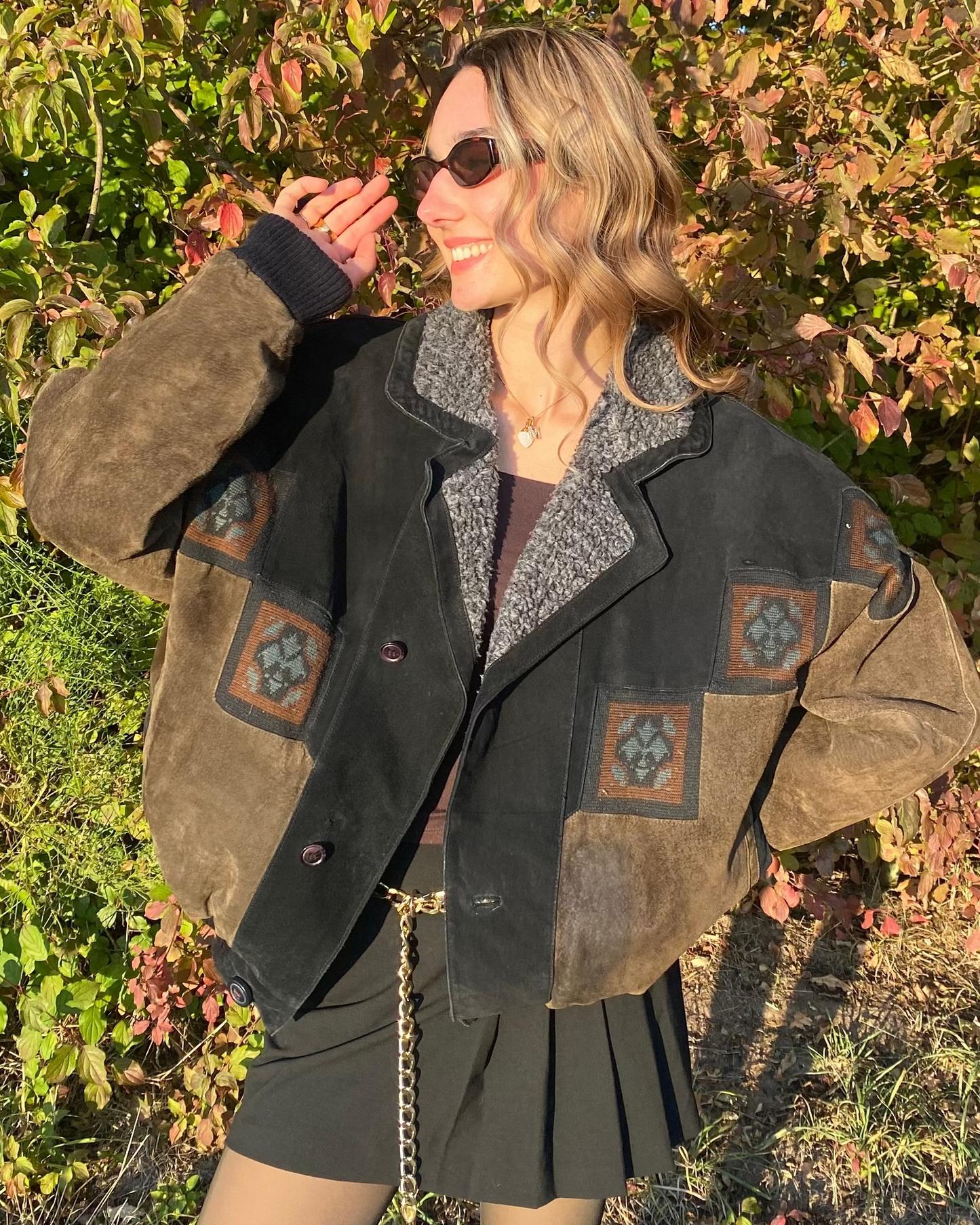Aztec Navajo Suede Sherpa Wildleder Jacke mit Aztekenmuster, Vintage, S,M,L