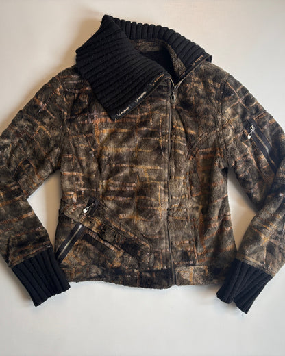 Cheshire asymmetrische Kunstfelljacke in braun schwarz mit Kragen, S