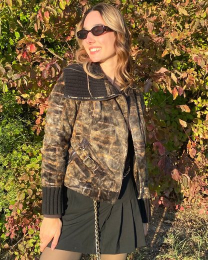 Cheshire asymmetrische Kunstfelljacke in braun schwarz mit Kragen, S