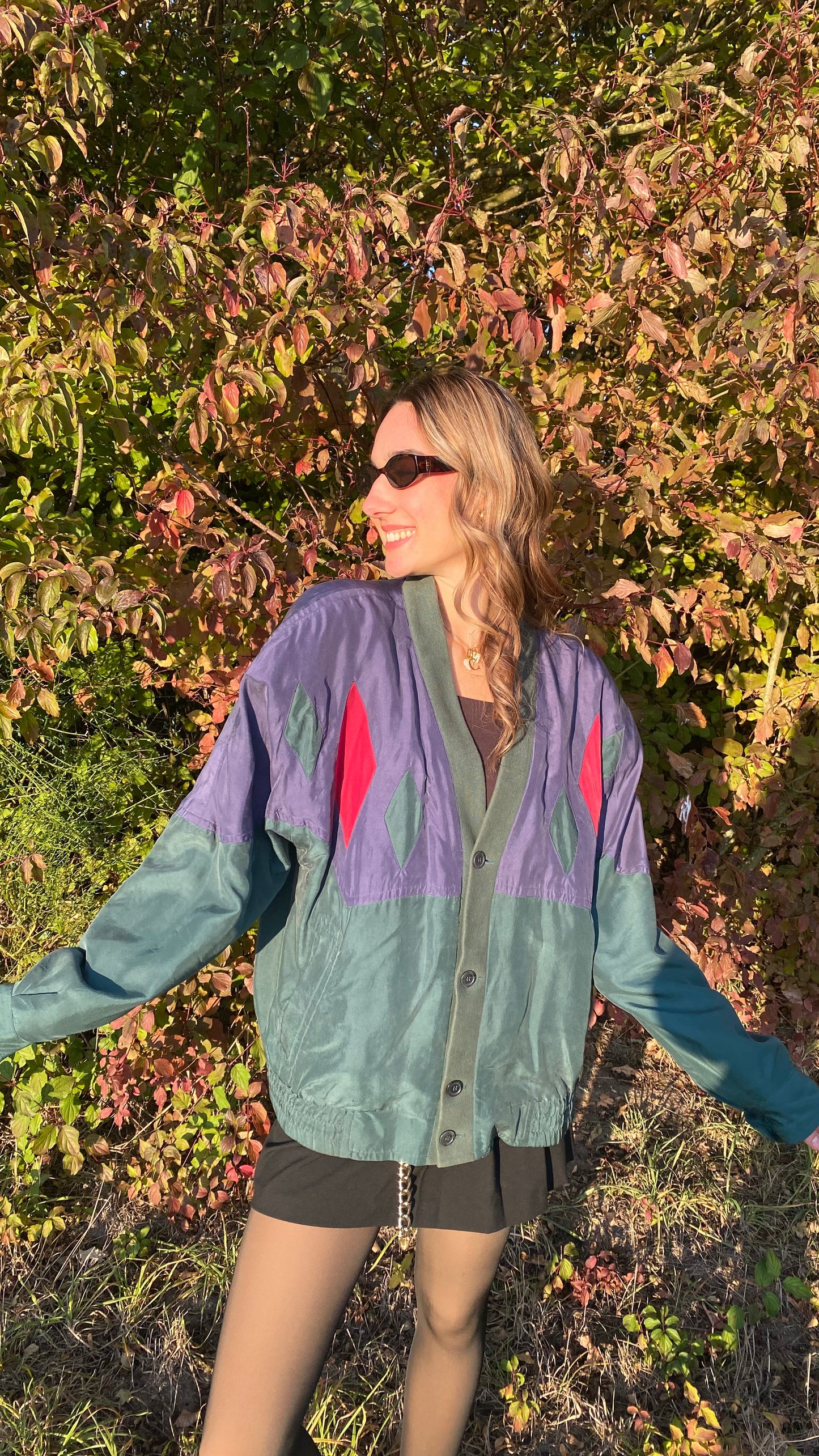 Seide Jacke Blouson Retro Farbmix grün blau rot, oversize, S,M,L,XL