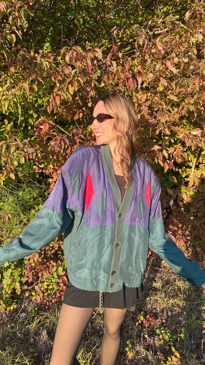 Seide Jacke Blouson Retro Farbmix grün blau rot, oversize, S,M,L,XL