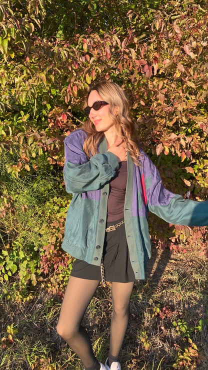 Seide Jacke Blouson Retro Farbmix grün blau rot, oversize, S,M,L,XL