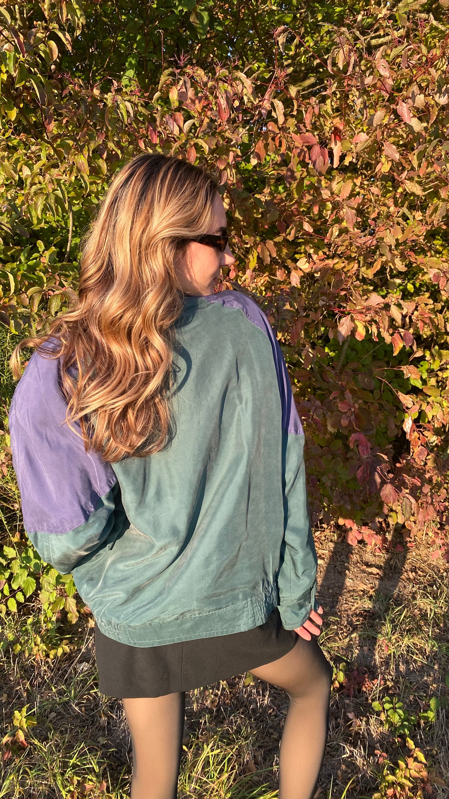 Seide Jacke Blouson Retro Farbmix grün blau rot, oversize, S,M,L,XL