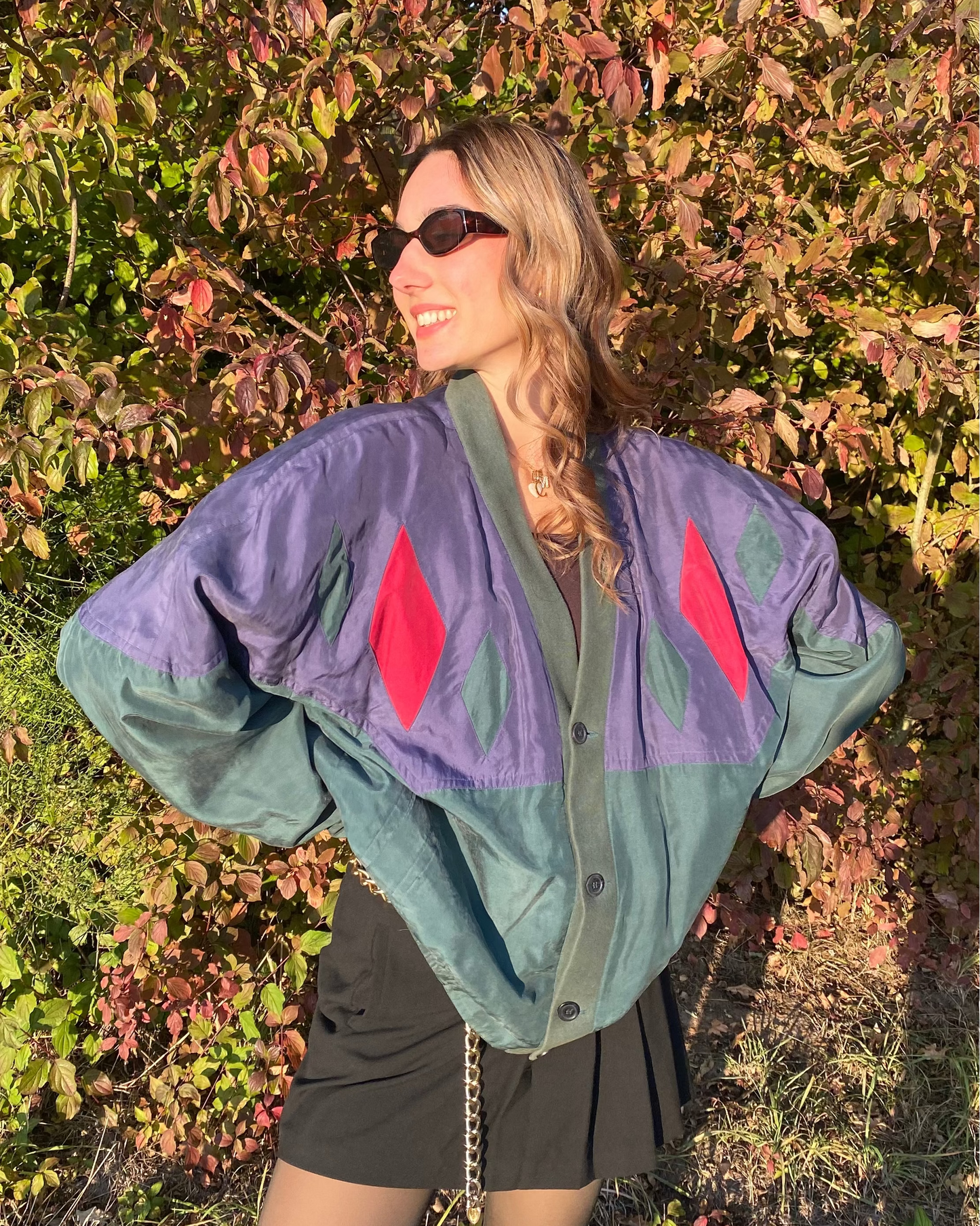 Seide Jacke Blouson Retro Farbmix grün blau rot, oversize, S,M,L,XL