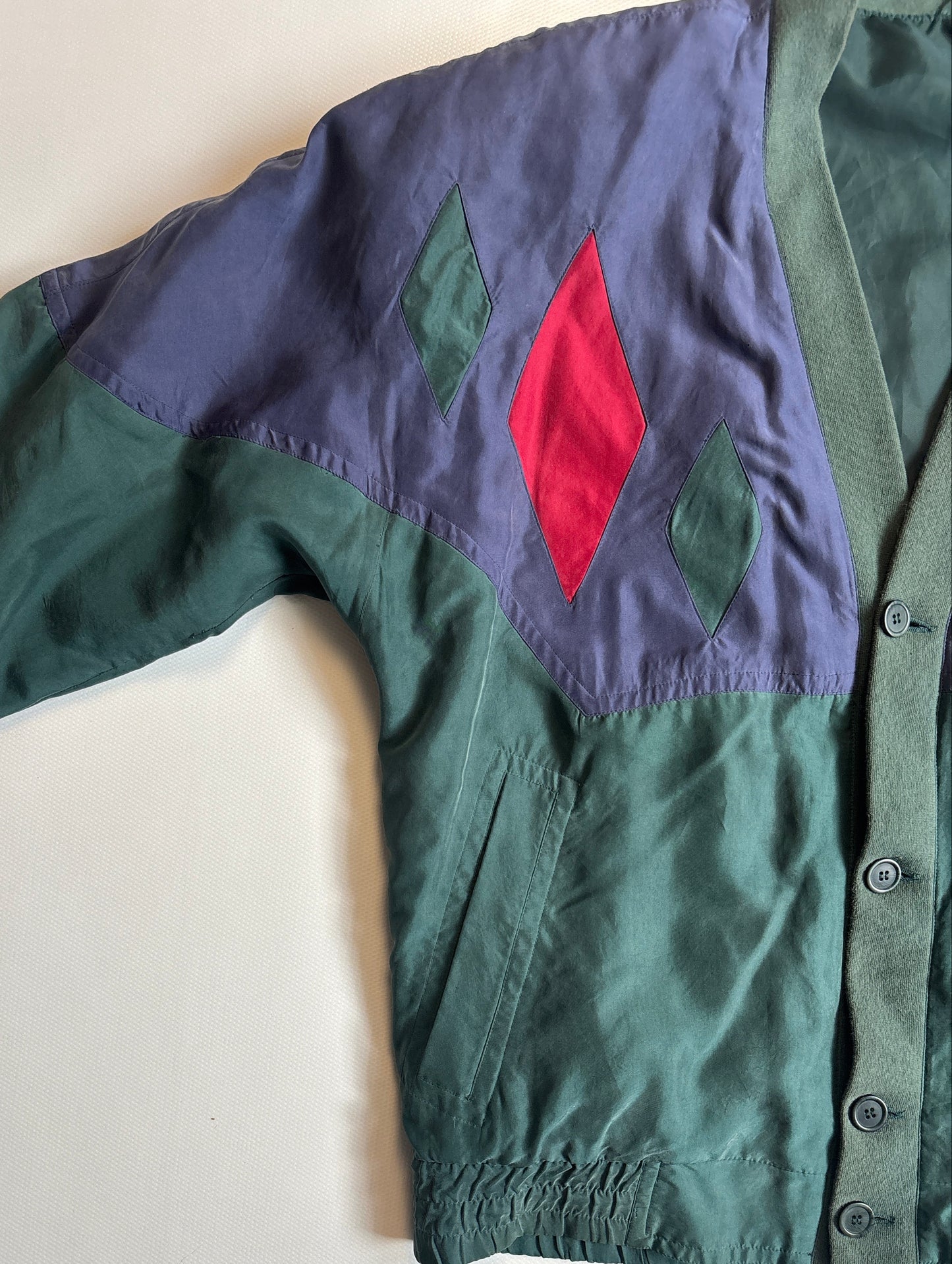 Seide Jacke Blouson Retro Farbmix grün blau rot, oversize, S,M,L,XL