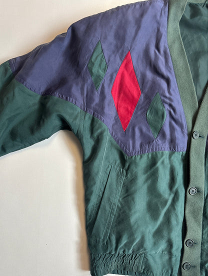 Seide Jacke Blouson Retro Farbmix grün blau rot, oversize, S,M,L,XL