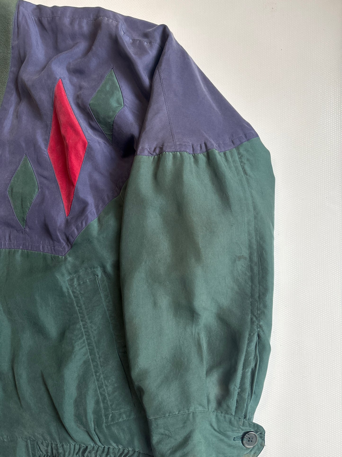 Seide Jacke Blouson Retro Farbmix grün blau rot, oversize, S,M,L,XL