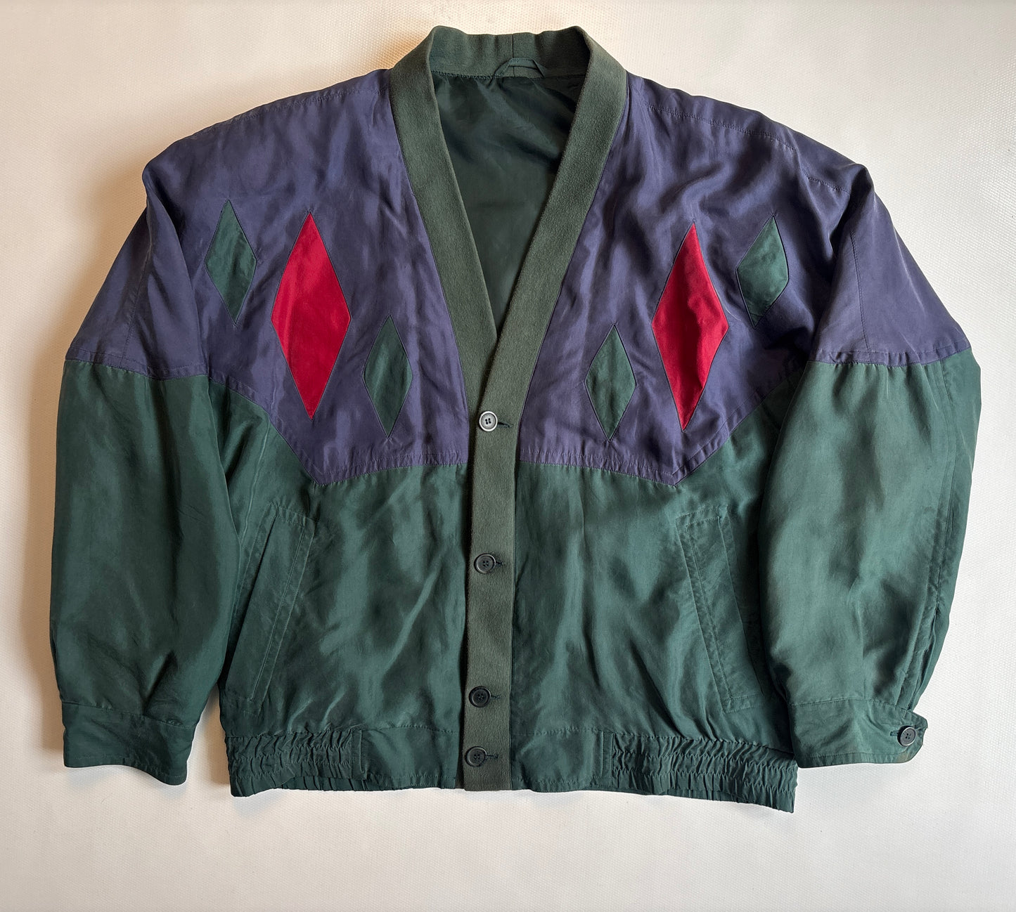 Seide Jacke Blouson Retro Farbmix grün blau rot, oversize, S,M,L,XL