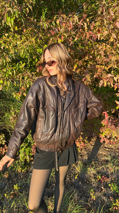 Echtlederjacke Don Camillo in dunkelbraun, oversize fit, Vintage, S,M,L