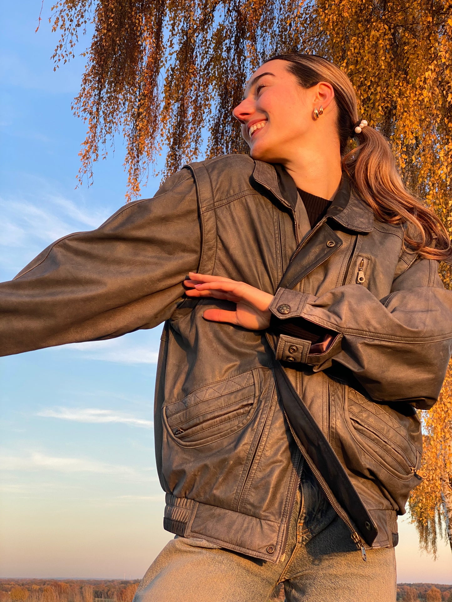 Weiche Vintage Lederjacke in grau, oversize, 2in1 Weste, S,M,L,XL