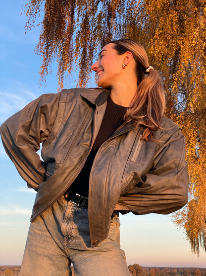 Weiche Vintage Lederjacke in grau, oversize, 2in1 Weste, S,M,L,XL
