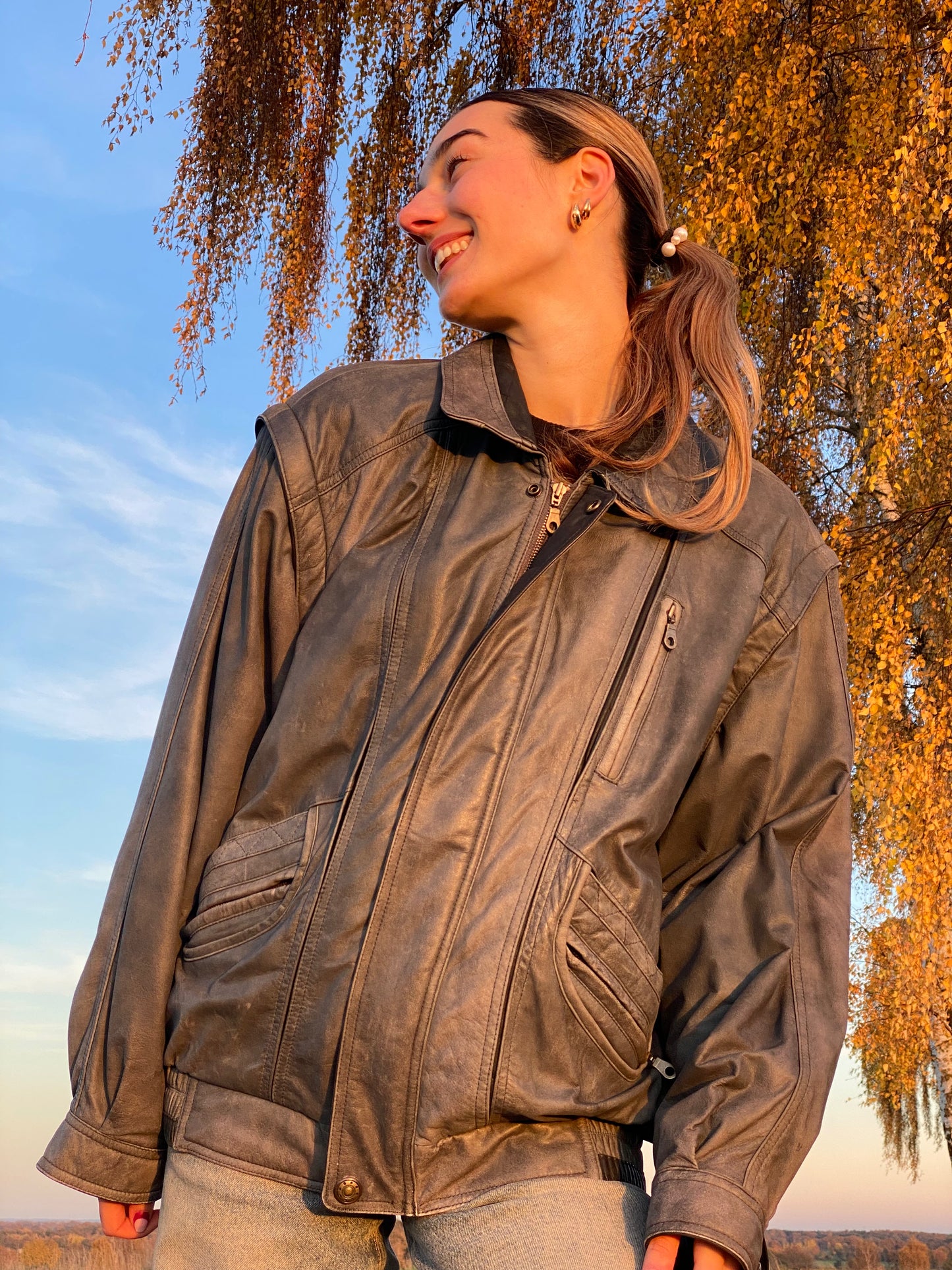 Weiche Vintage Lederjacke in grau, oversize, 2in1 Weste, S,M,L,XL