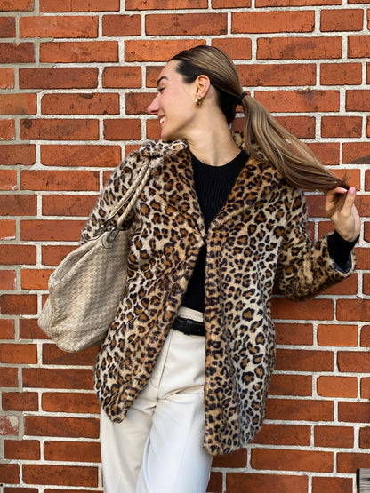 Mango Leoparden Jacke mit Kunstfell, beige braun schwarz, S