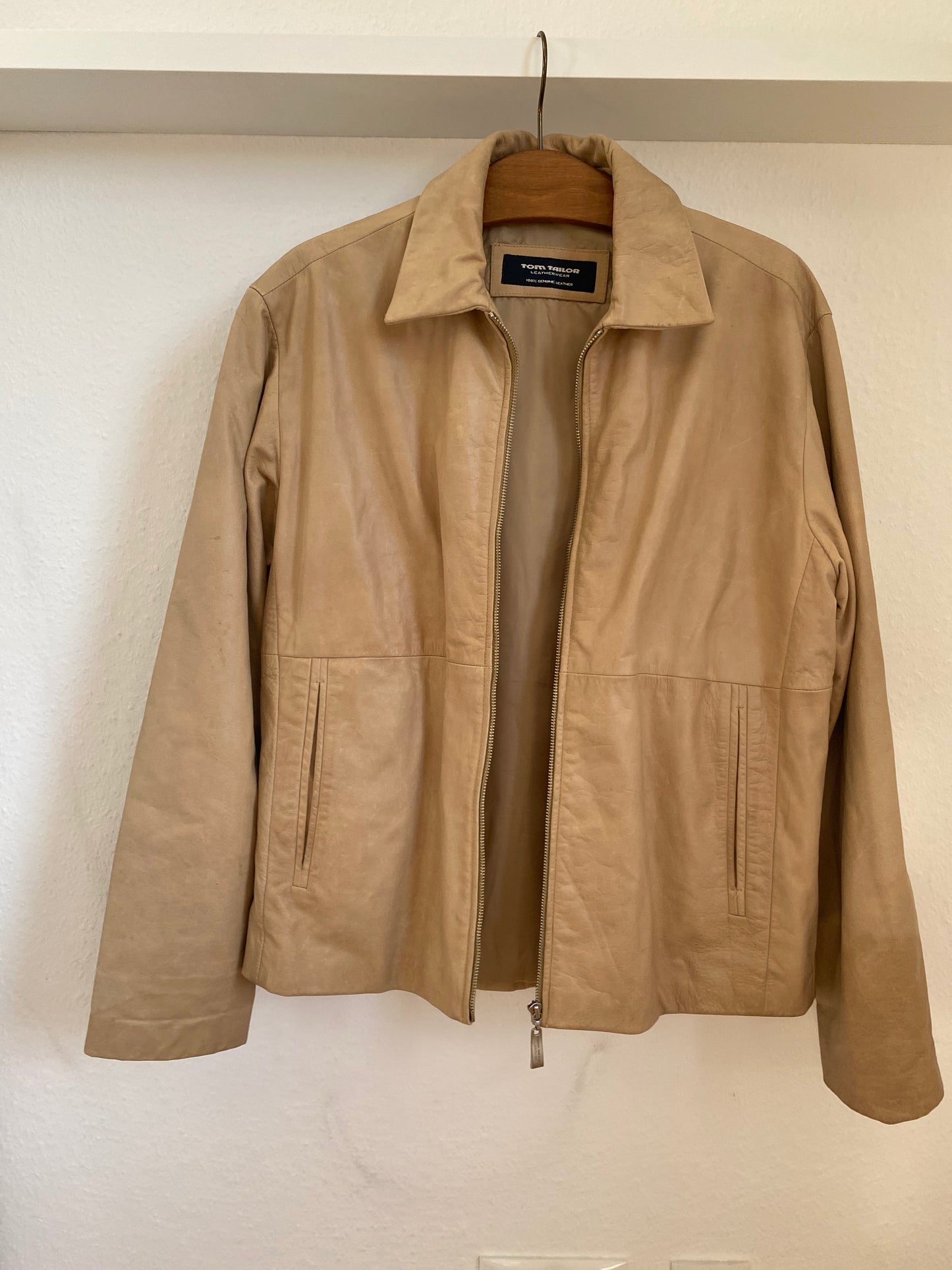 Retro Lederjacke Relaxed Fit in beige hellbraun, Reißverschluss und Kragen, oversize, S,M