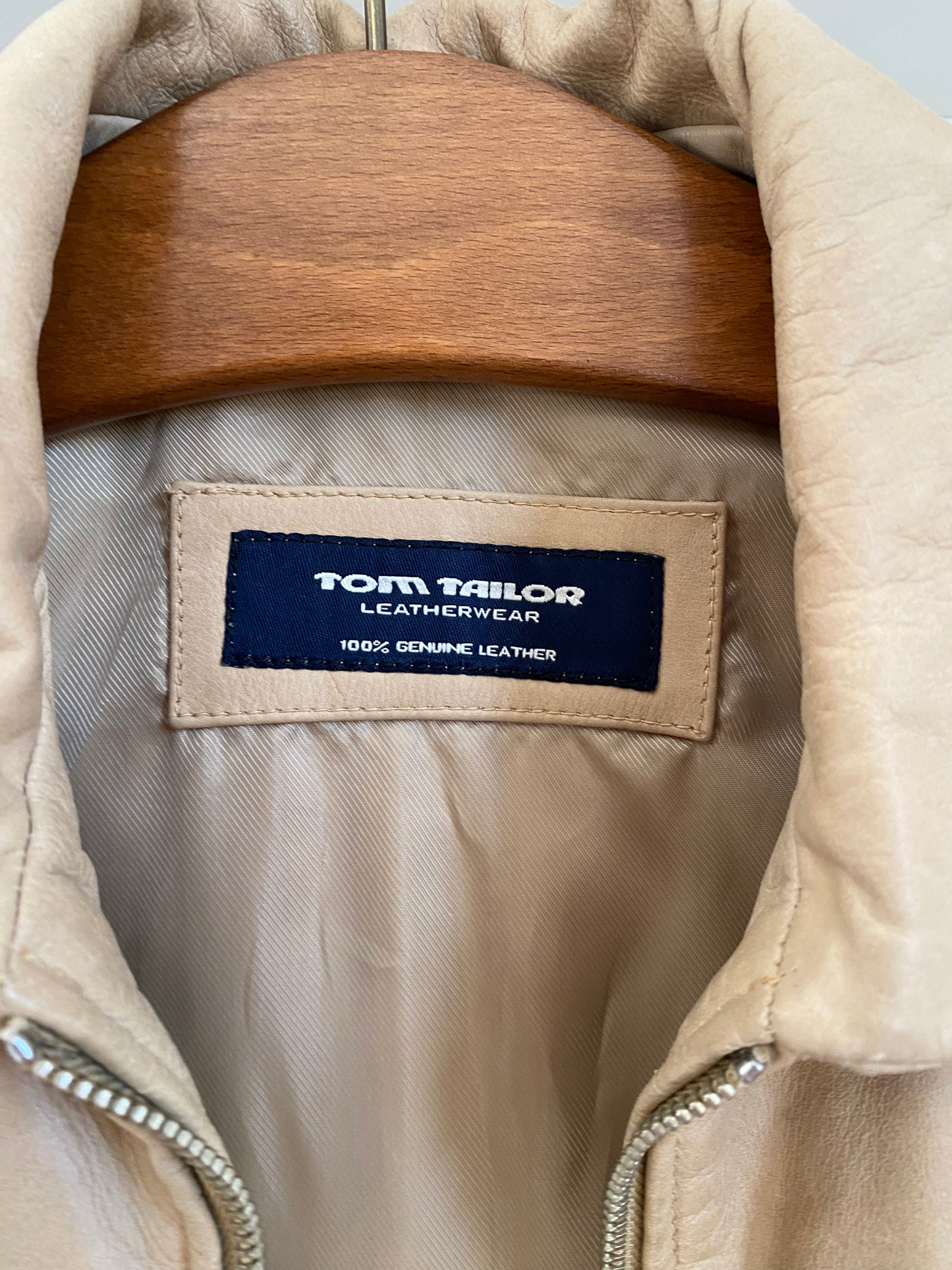 Retro Lederjacke Relaxed Fit in beige hellbraun, Reißverschluss und Kragen, oversize, S,M