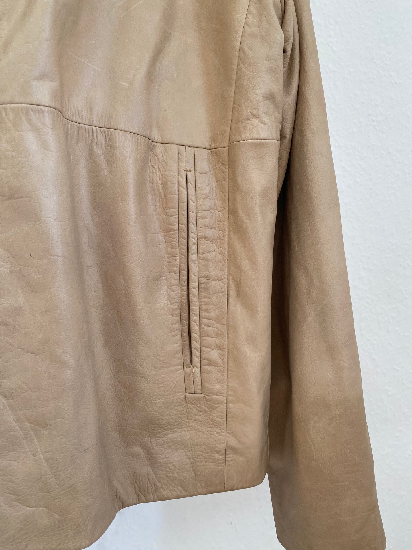 Retro Lederjacke Relaxed Fit in beige hellbraun, Reißverschluss und Kragen, oversize, S,M