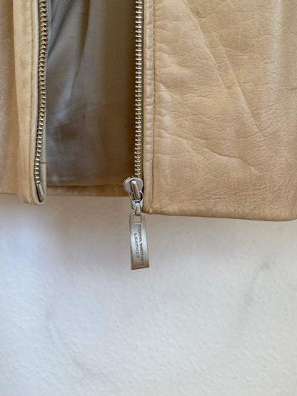 Retro Lederjacke Relaxed Fit in beige hellbraun, Reißverschluss und Kragen, oversize, S,M