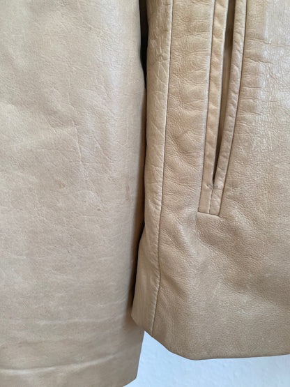 Retro Lederjacke Relaxed Fit in beige hellbraun, Reißverschluss und Kragen, oversize, S,M
