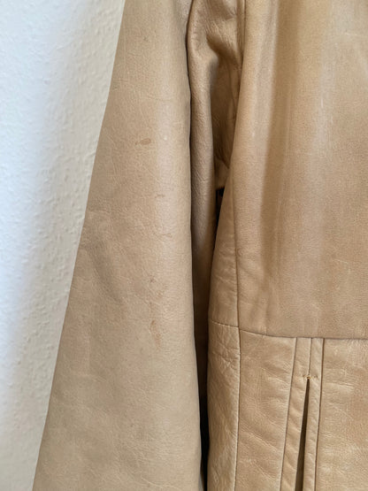 Retro Lederjacke Relaxed Fit in beige hellbraun, Reißverschluss und Kragen, oversize, S,M