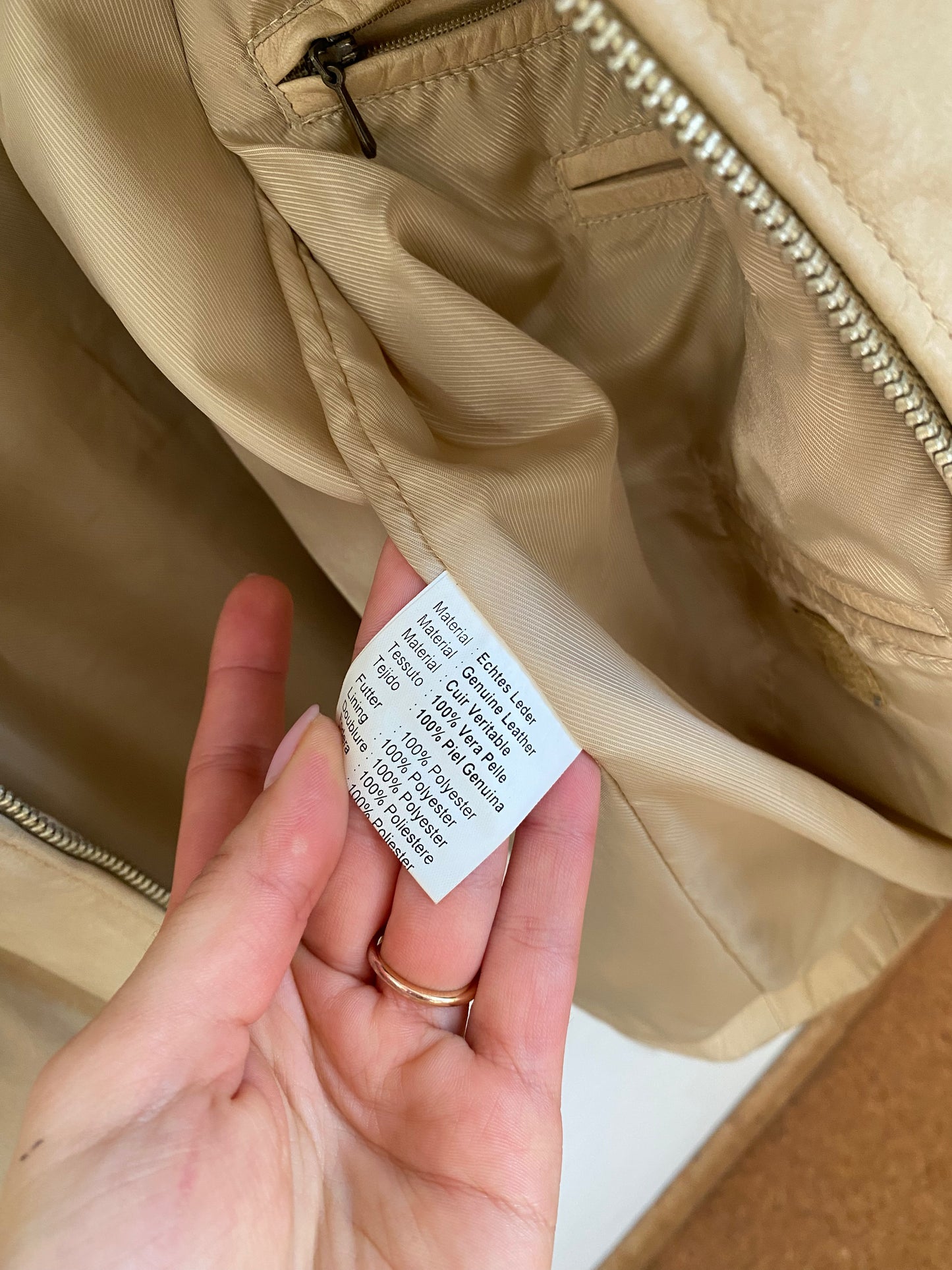 Retro Lederjacke Relaxed Fit in beige hellbraun, Reißverschluss und Kragen, oversize, S,M