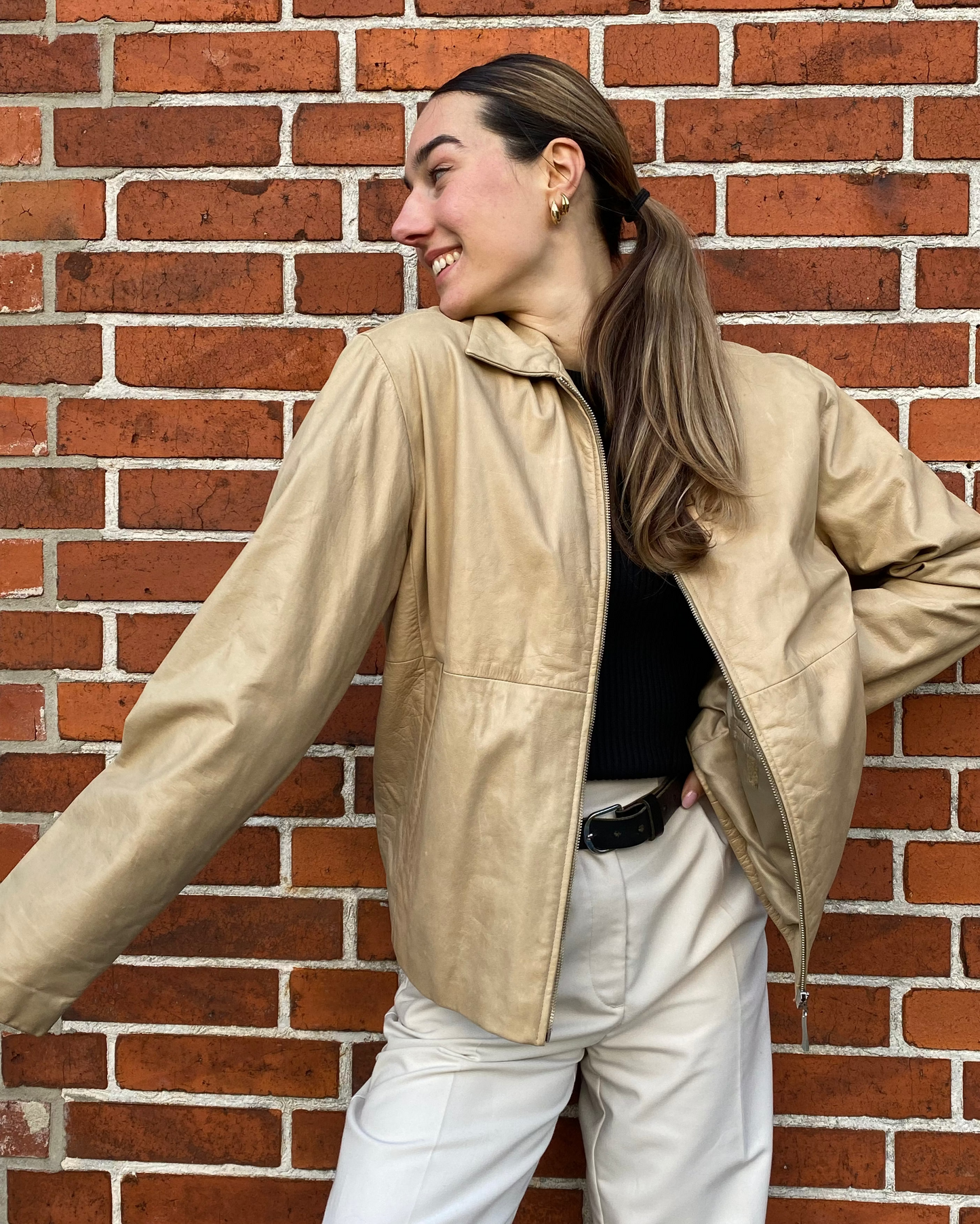 Retro Lederjacke Relaxed Fit in beige hellbraun, Reißverschluss und Kragen, oversize, S,M