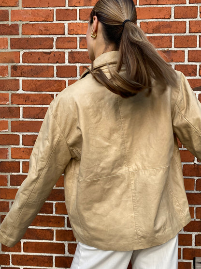 Retro Lederjacke Relaxed Fit in beige hellbraun, Reißverschluss und Kragen, oversize, S,M