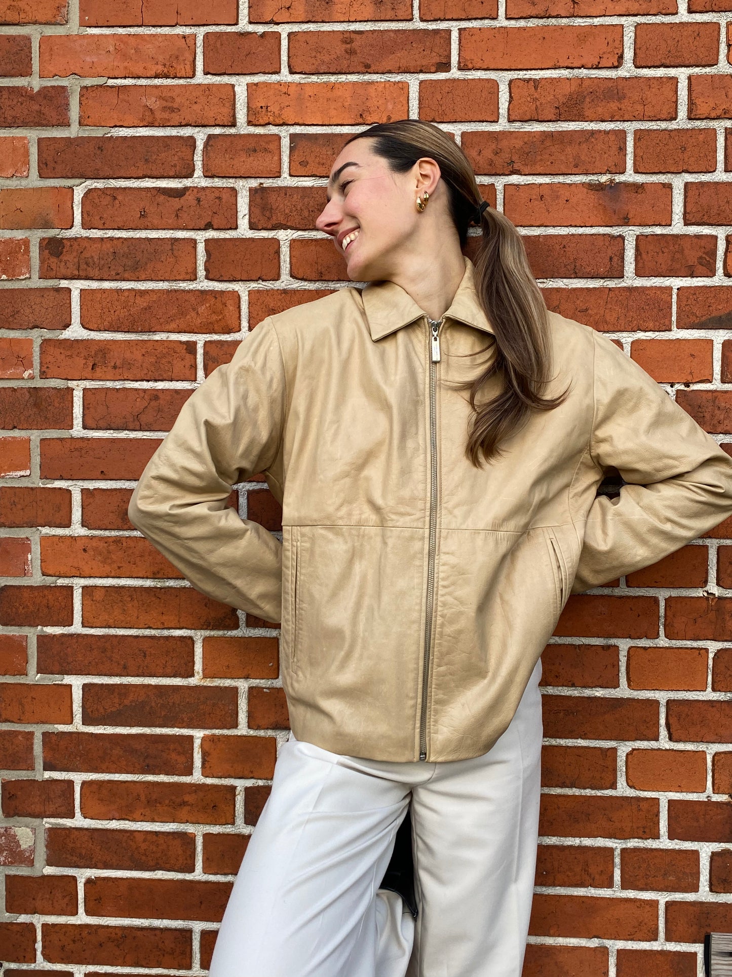 Retro Lederjacke Relaxed Fit in beige hellbraun, Reißverschluss und Kragen, oversize, S,M