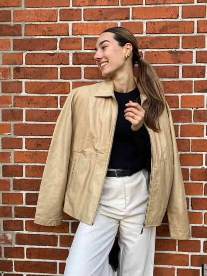 Retro Lederjacke Relaxed Fit in beige hellbraun, Reißverschluss und Kragen, oversize, S,M