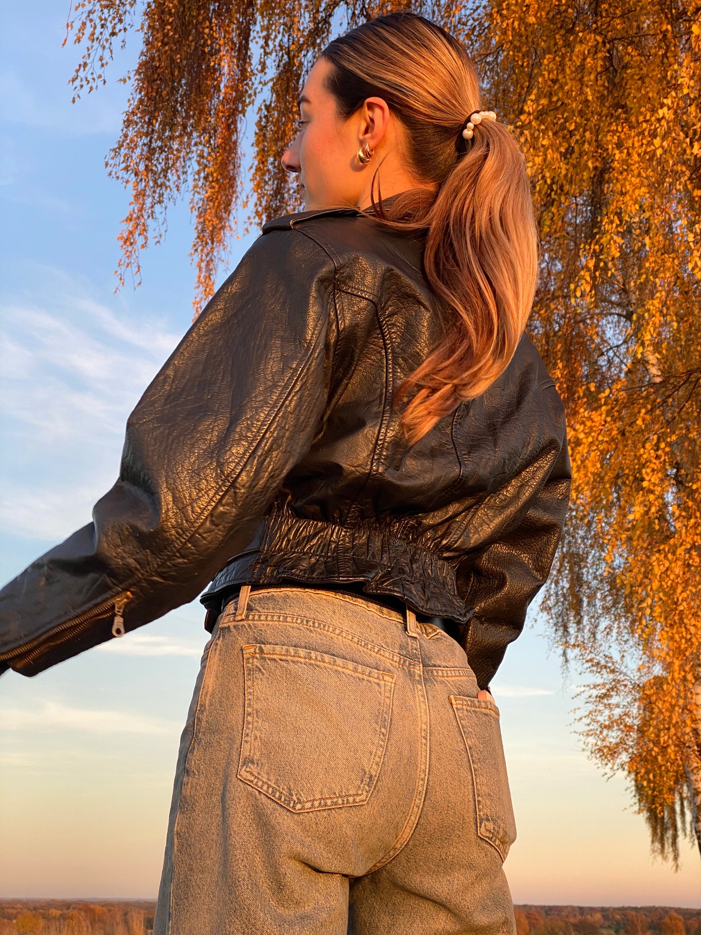 Echtleder Jacke Vintage Miss Astor im Bikerstil schwarz, S