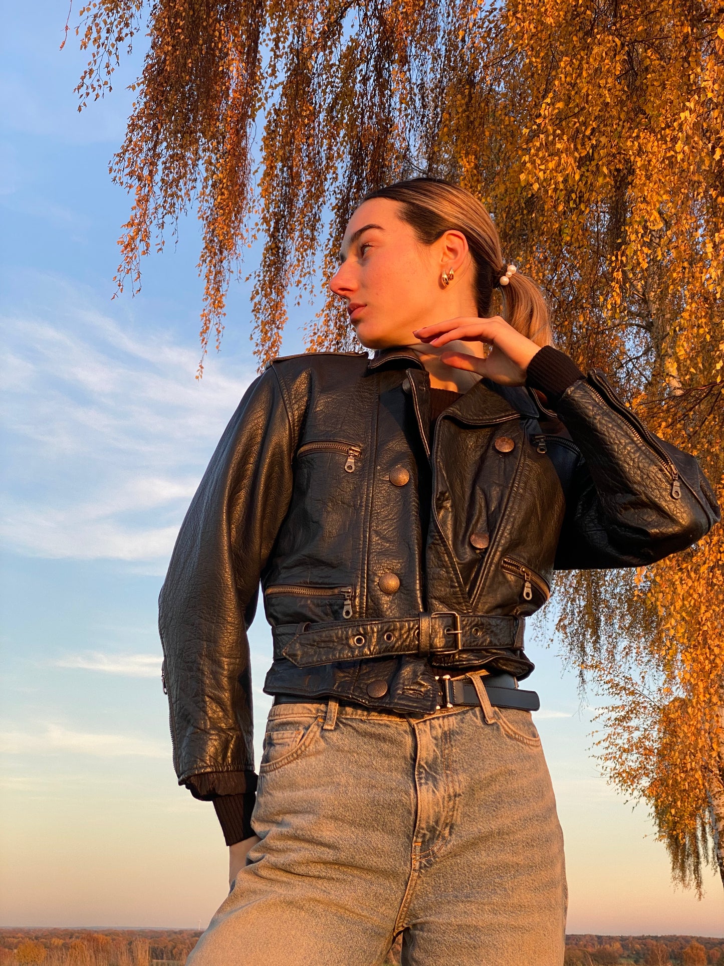 Echtleder Jacke Vintage Miss Astor im Bikerstil schwarz, S