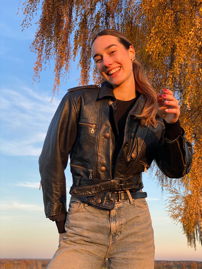 Echtleder Jacke Vintage Miss Astor im Bikerstil schwarz, S