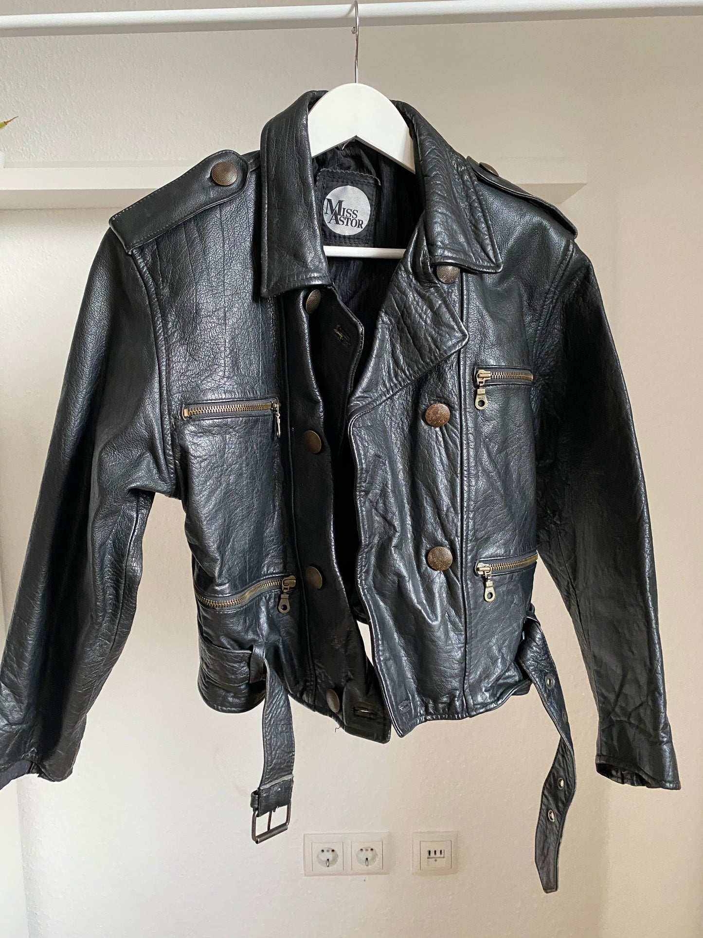 Echtleder Jacke Vintage Miss Astor im Bikerstil schwarz, S