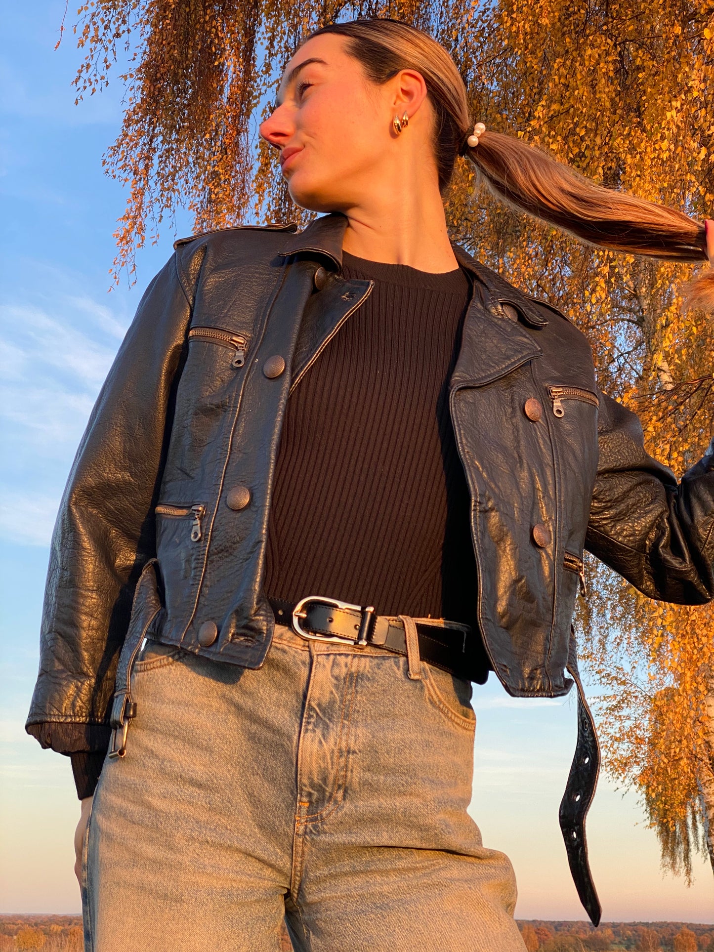 Echtleder Jacke Vintage Miss Astor im Bikerstil schwarz, S