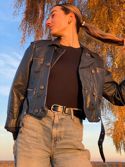 Echtleder Jacke Vintage Miss Astor im Bikerstil schwarz, S
