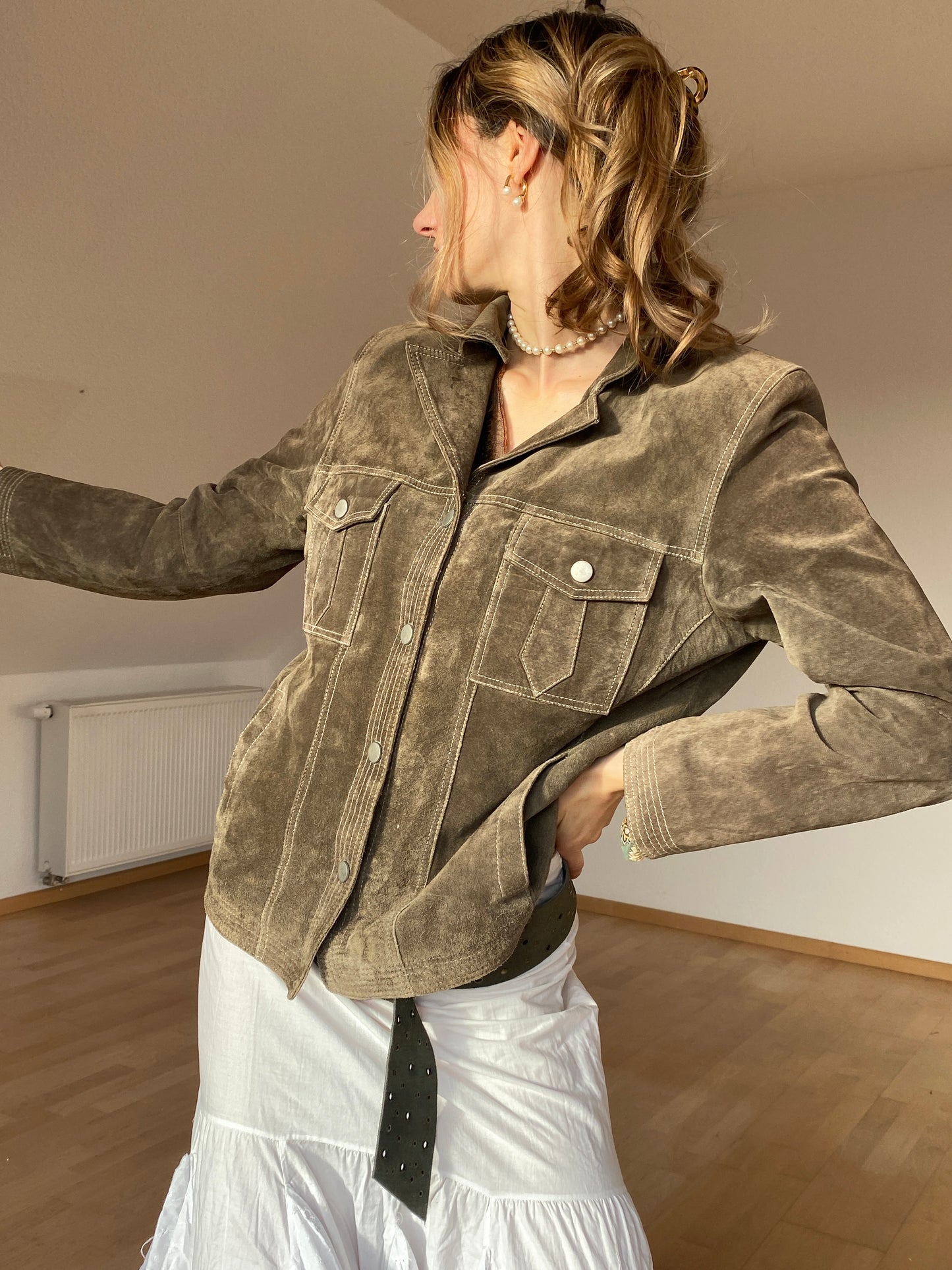 Wildlederjacke in oliv khaki, Kragen Blazer Stil, Julia S. Roma, S, M