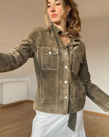 Wildlederjacke in oliv khaki, Kragen Blazer Stil, Julia S. Roma, S, M