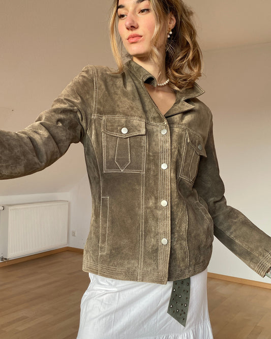 Wildlederjacke in oliv khaki, Kragen Blazer Stil, Julia S. Roma, S, M