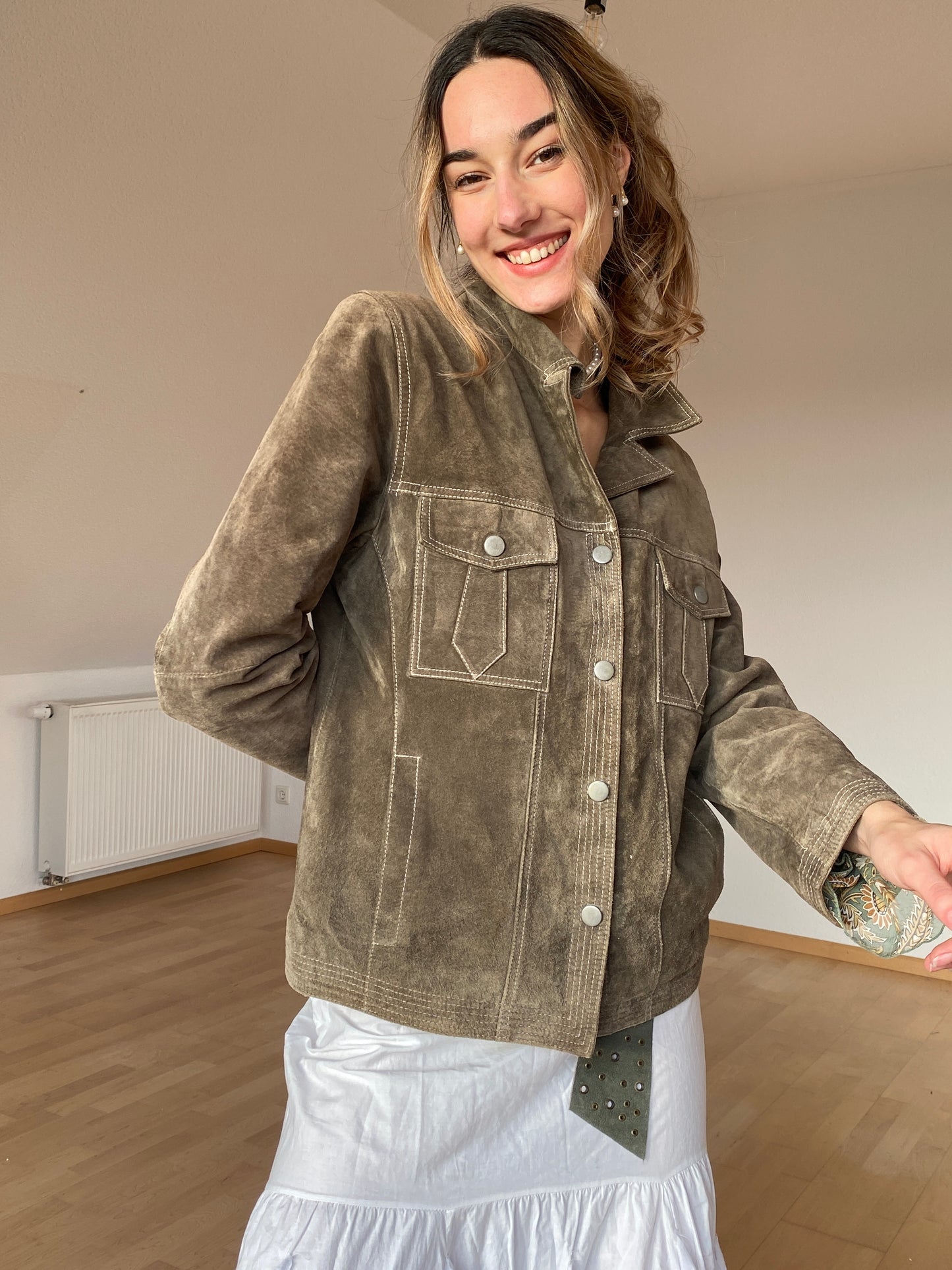 Wildlederjacke in oliv khaki, Kragen Blazer Stil, Julia S. Roma, S, M