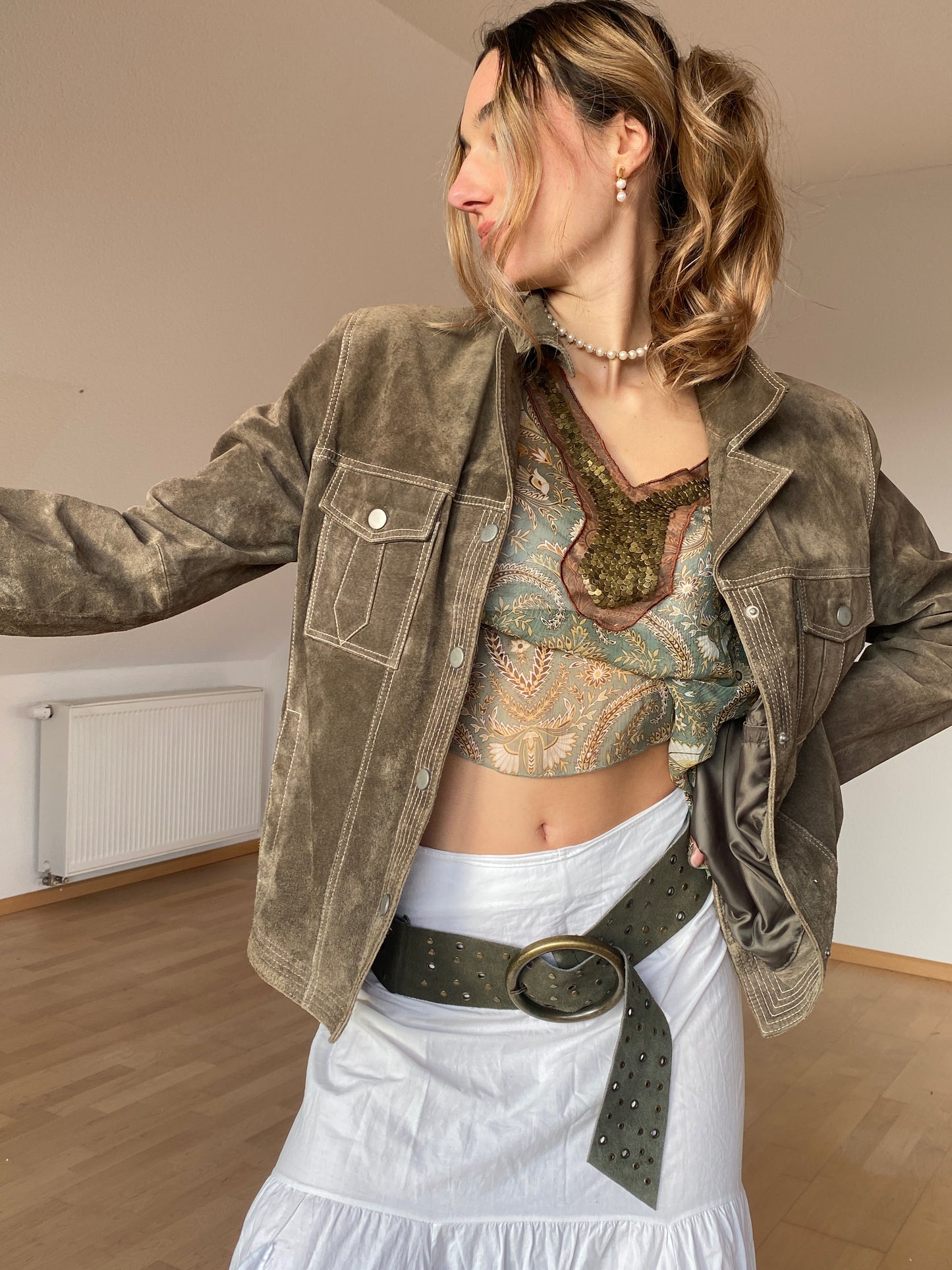 Wildlederjacke in oliv khaki, Kragen Blazer Stil, Julia S. Roma, S, M