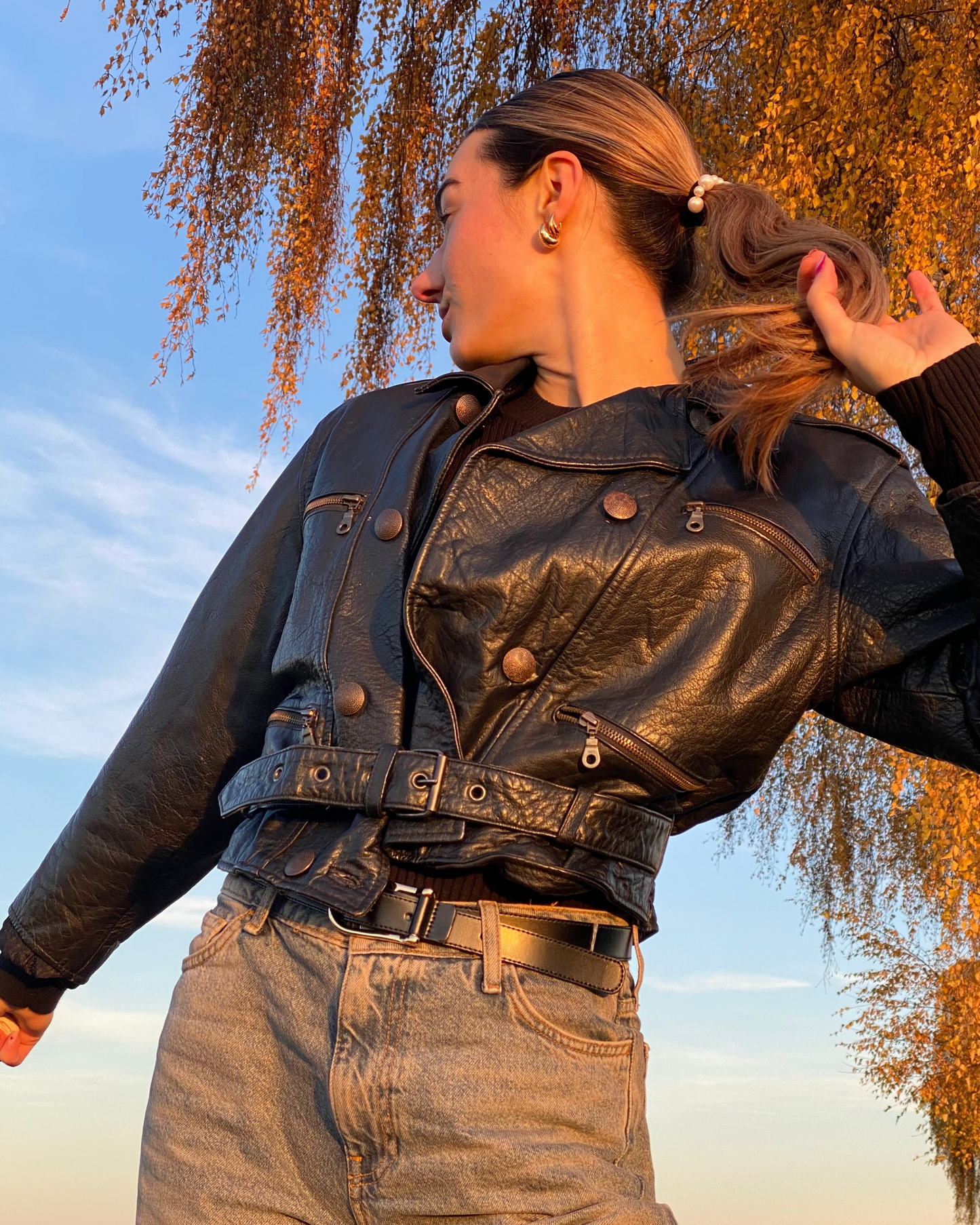 Echtleder Jacke Vintage Miss Astor im Bikerstil schwarz, S