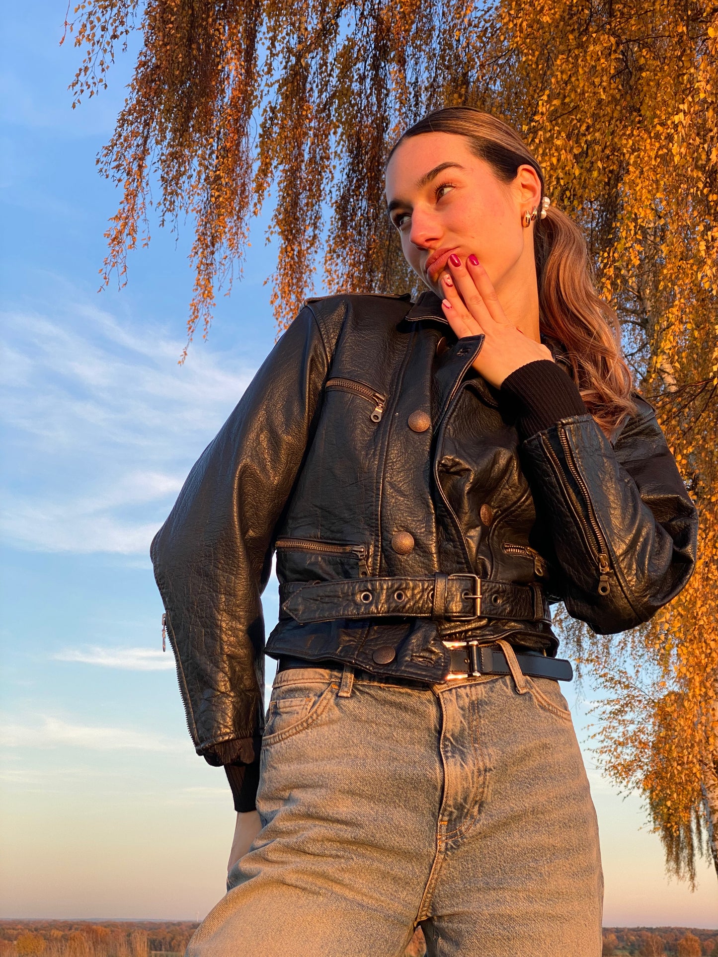 Echtleder Jacke Vintage Miss Astor im Bikerstil schwarz, S