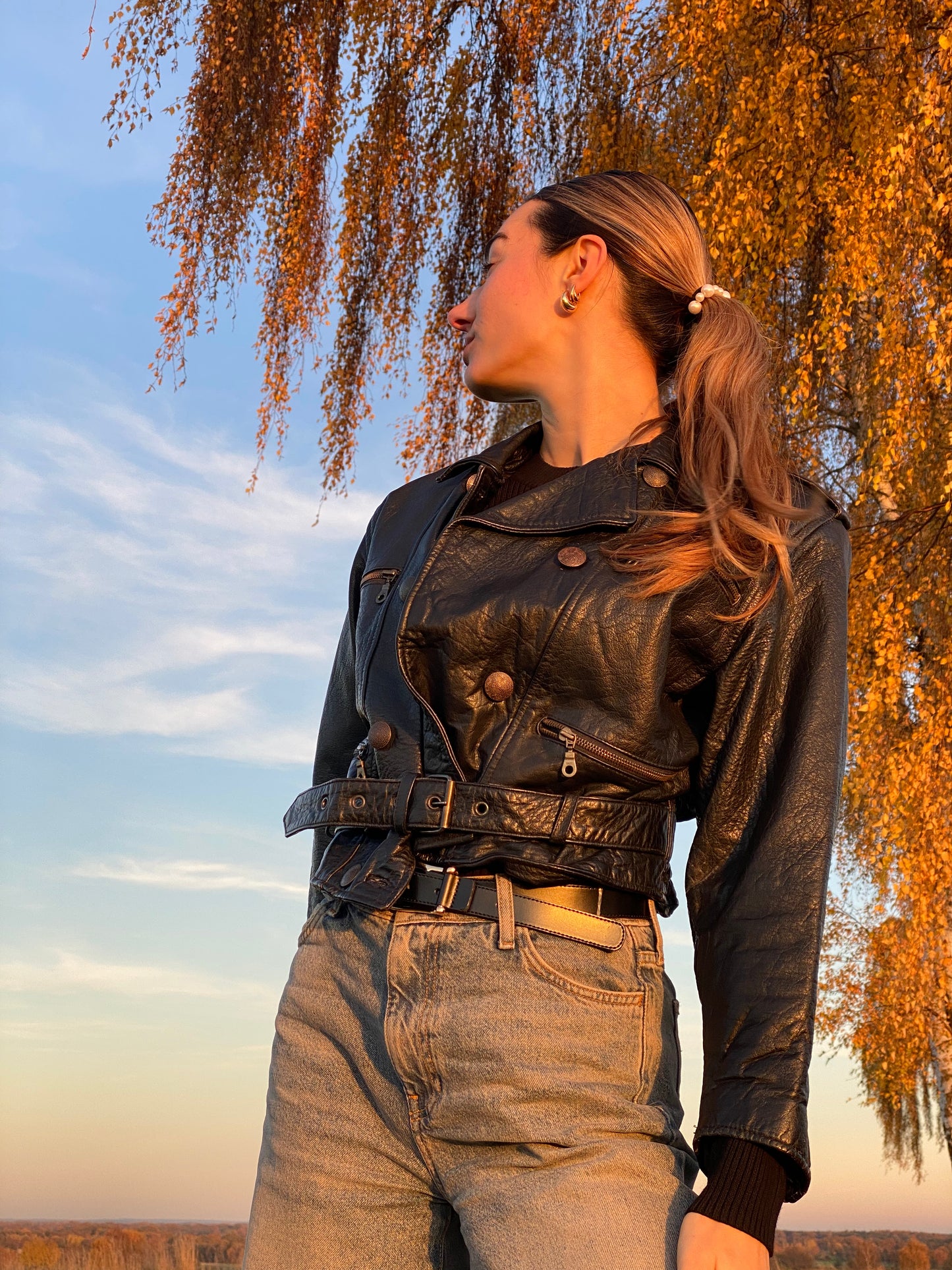 Echtleder Jacke Vintage Miss Astor im Bikerstil schwarz, S